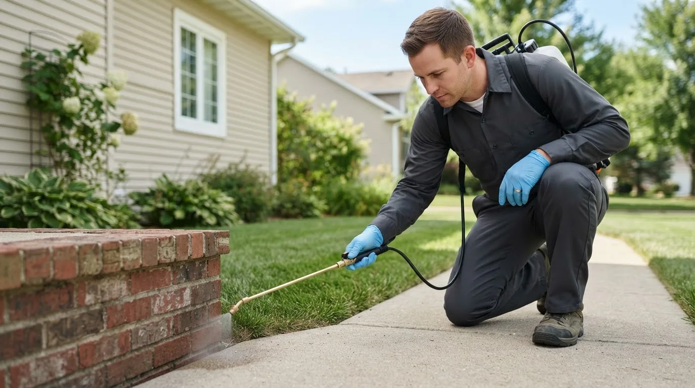 Pest control technician treating a home near Newkirk, OK