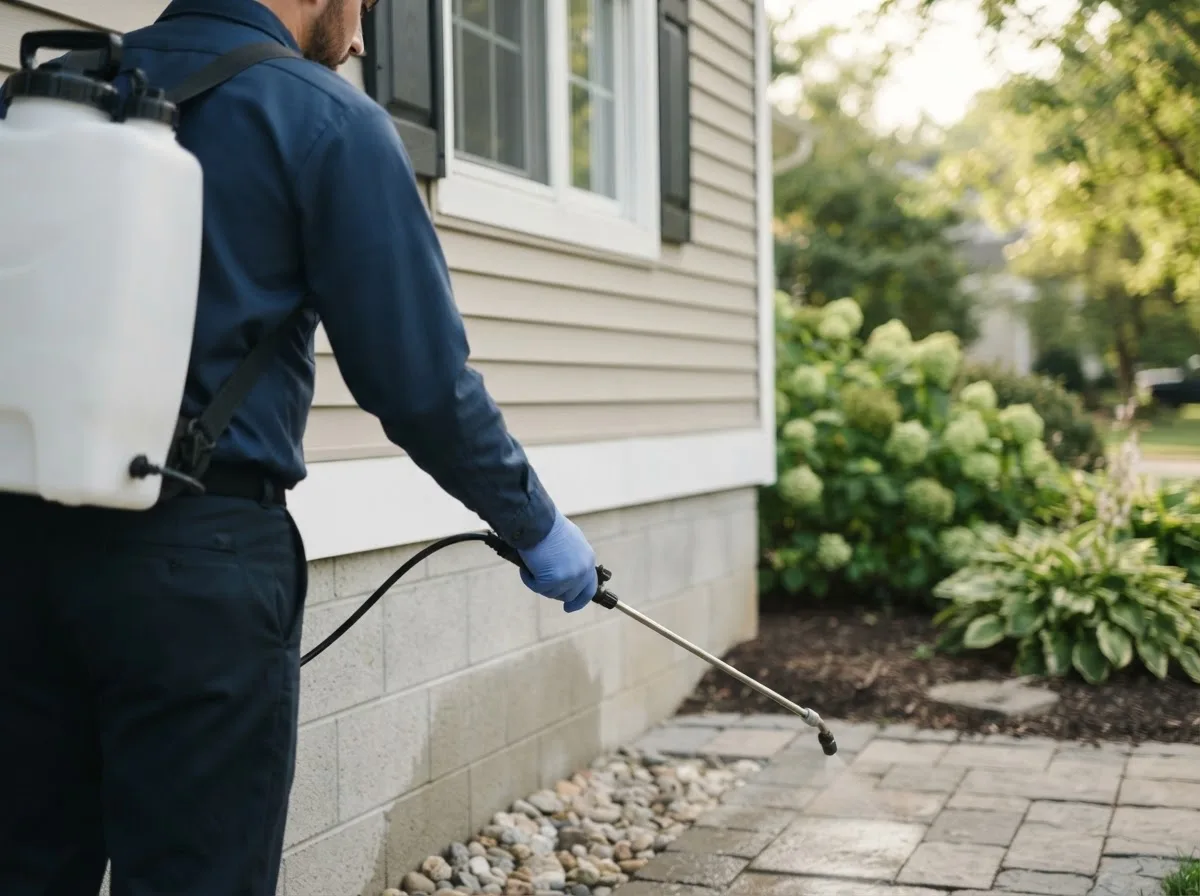 Pest control technician inspecting a home in Newkirk, OK